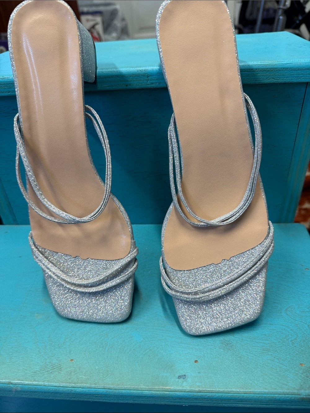 Silver Glitter Strappy Block Heel Sandals - Women